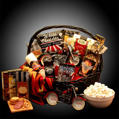 Buy holiday gift baskets men - He\'S A Motorcycle Man Gift Basket, Elegant Gift Baskets Online